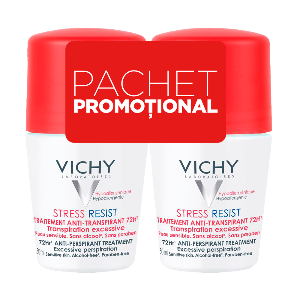 Pachet Deodorant roll-on tratament intensiv anti-transpirant Stress Resist 72H, 50 ml + 50 ml, Vichy