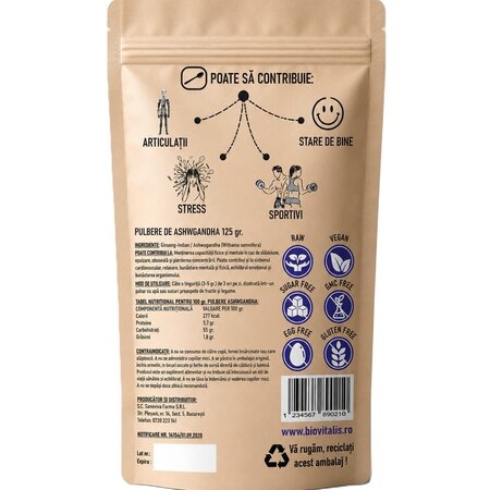 Pulbere de Ashwagandha, 125 g, Biovitalis 724897