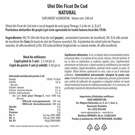 Ulei de ficat de cod natural, 240 ml, Lysi 703460