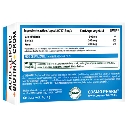 Acid Alfa Lipoic cu Biotina si biocrom, 30 capsule vegetale, Cosmopharm 753675