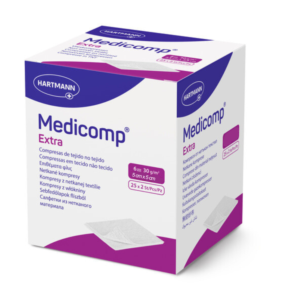 Comprese extra absorbante din material netesut Medicomp Extra, 5 cm x 5 cm (421731), 25 bucati, Hartmann