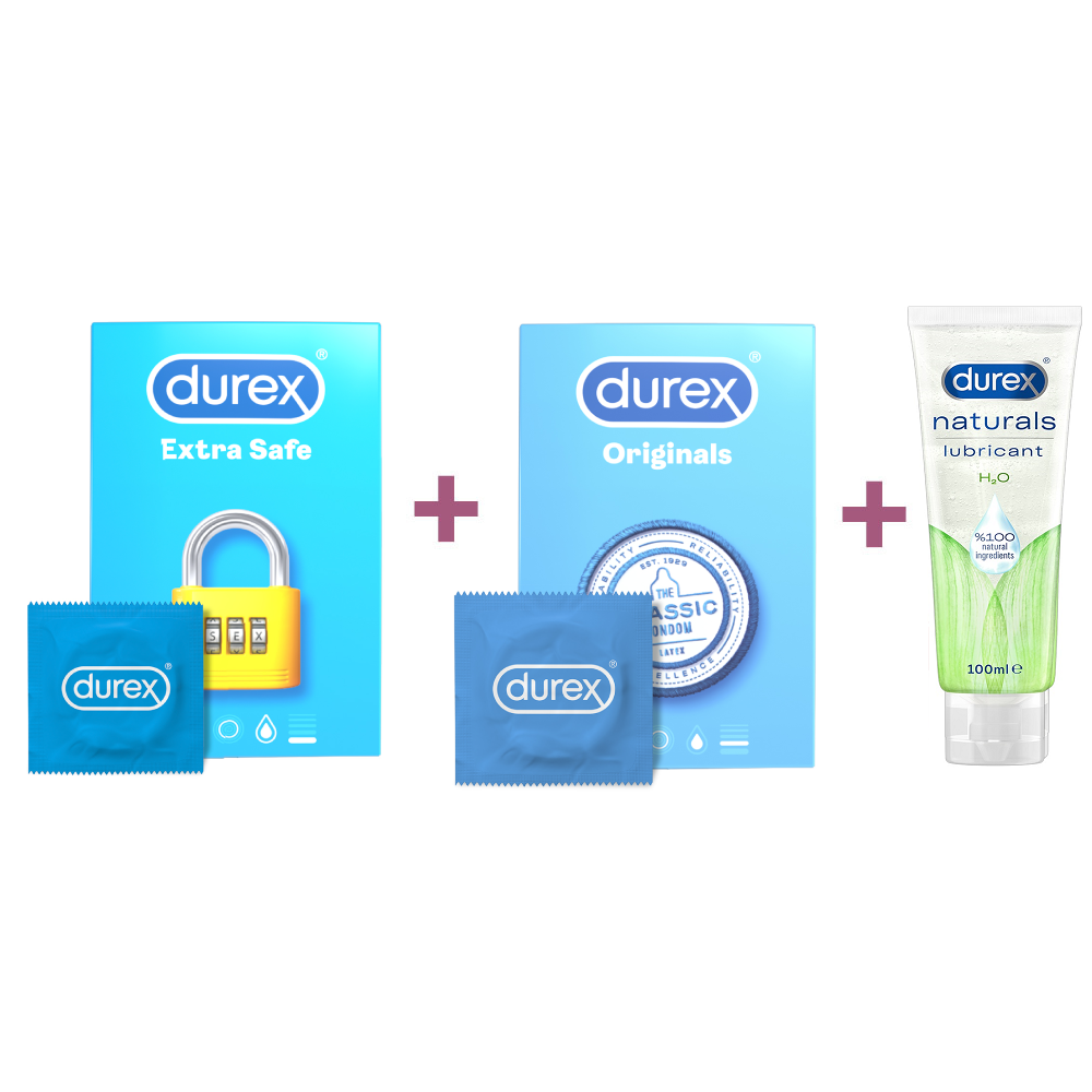 Pachet Prezervative Classic, 18 bucati + Prezervative Extra Safe, 18 bucati + Lubrifiant Naturals H2O, 100 ml, Durex