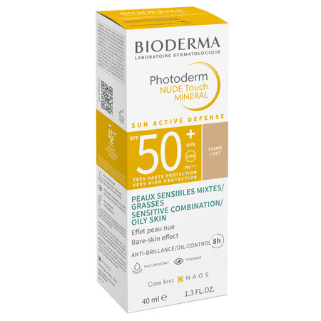 Fluid cu protectie solara SPF 50+ Mineral deschis Photoderm Nude Touch, 40 ml, Bioderma 736659