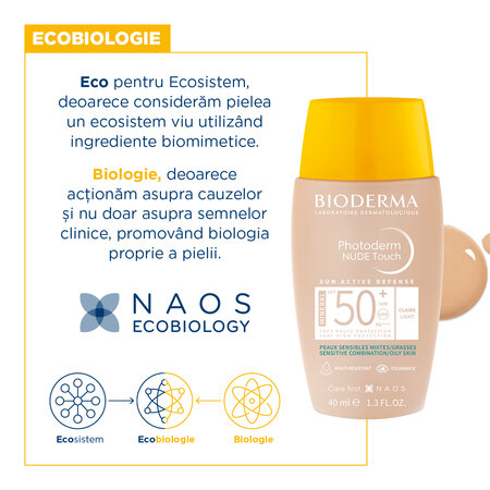 Fluid cu protectie solara SPF 50+ Mineral deschis Photoderm Nude Touch, 40 ml, Bioderma 736663