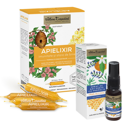 Pachet Apielixir imunitate si stare de bine, 20 fiole x 10 ml + Spray de gat forte cu propolis, 20 ml, Albina Carpatina, Albina Carpatina