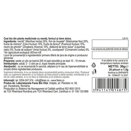 Ceai Bio Digestie Usoara D160, 20 plicuri, Fares 604368