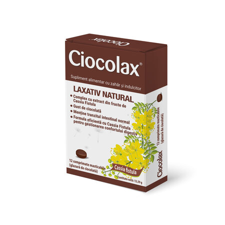 Laxativ natural cu glazura de ciocolata Ciocolax, 12 comprimate masticabile, Labormed 617239