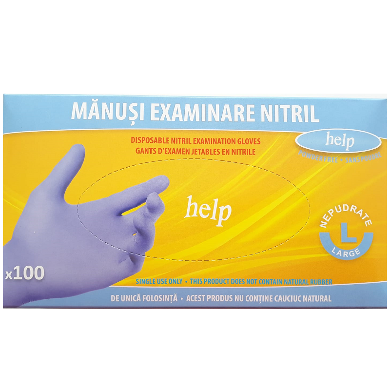 Manusi de examinare din nitril nepudrate marimea L, 100 buc, Help