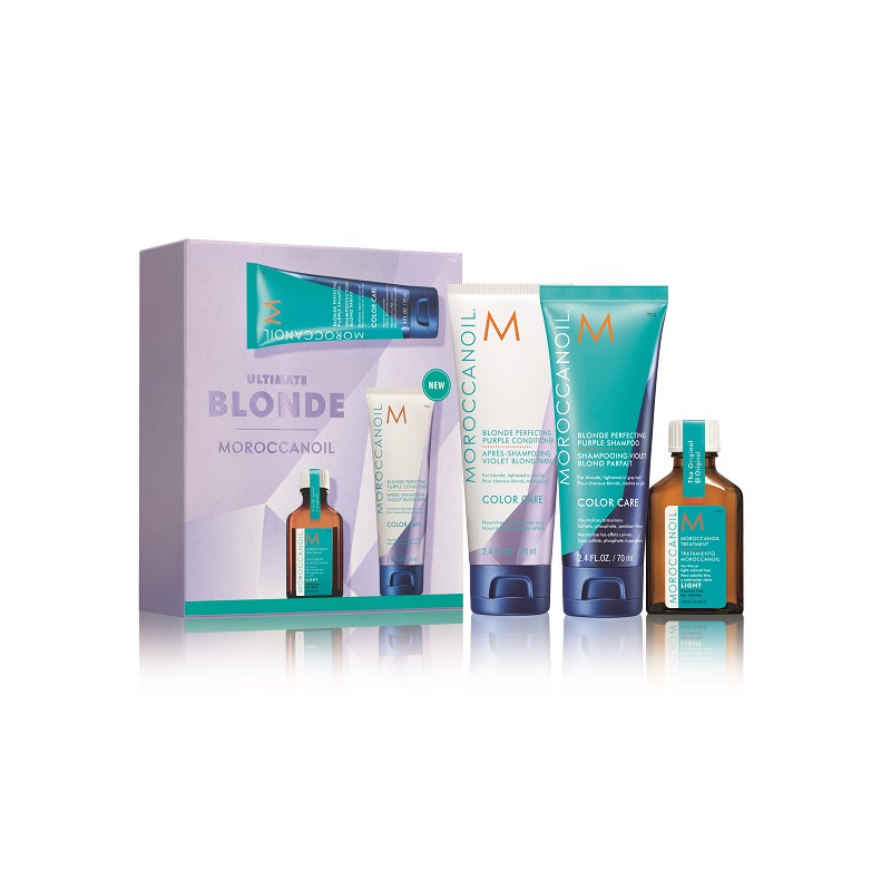 Kit Mini Set pentru Parul Blond Ultimate Blonde, 70 ml + 75 ml + 25 ml, Moroccanoil