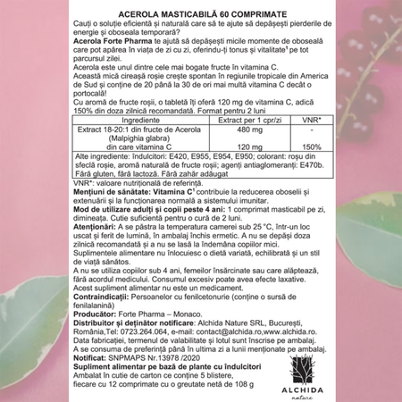 Acerola Vitamina C, 60 comprimate masticabile, Forte Pharma 705361