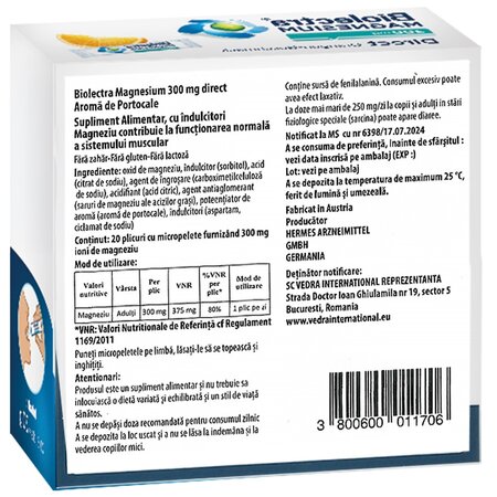 Magneziu cu aroma de portocale Biolectra Magnesium Direct, 300 mg, 20 plicuri, Hermes Arzneimittel 711817