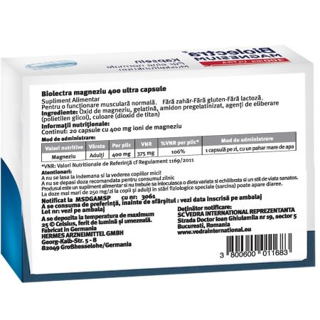 Magneziu Biolectra Magnesium Ultra, 400 mg, 20 capsule, Hermes 711838
