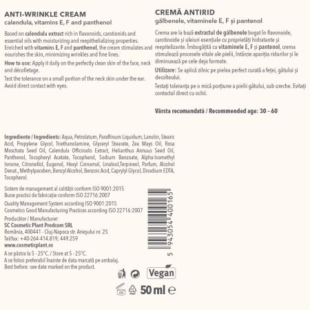 Crema de fata antirid cu galbenele Essential, 50 ml, Cosmetic Plant 712336