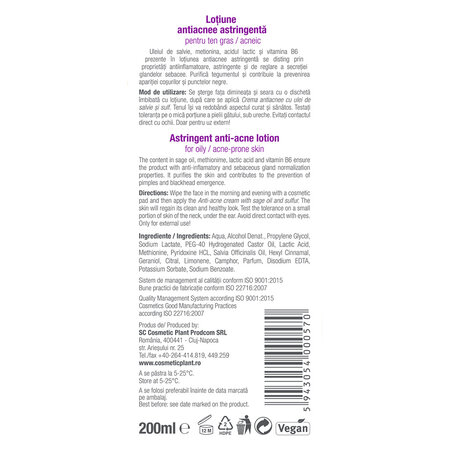 Lotiune antiacnee astringenta cu ulei de salvie Essential, 200 ml, Cosmetic Plant 712314
