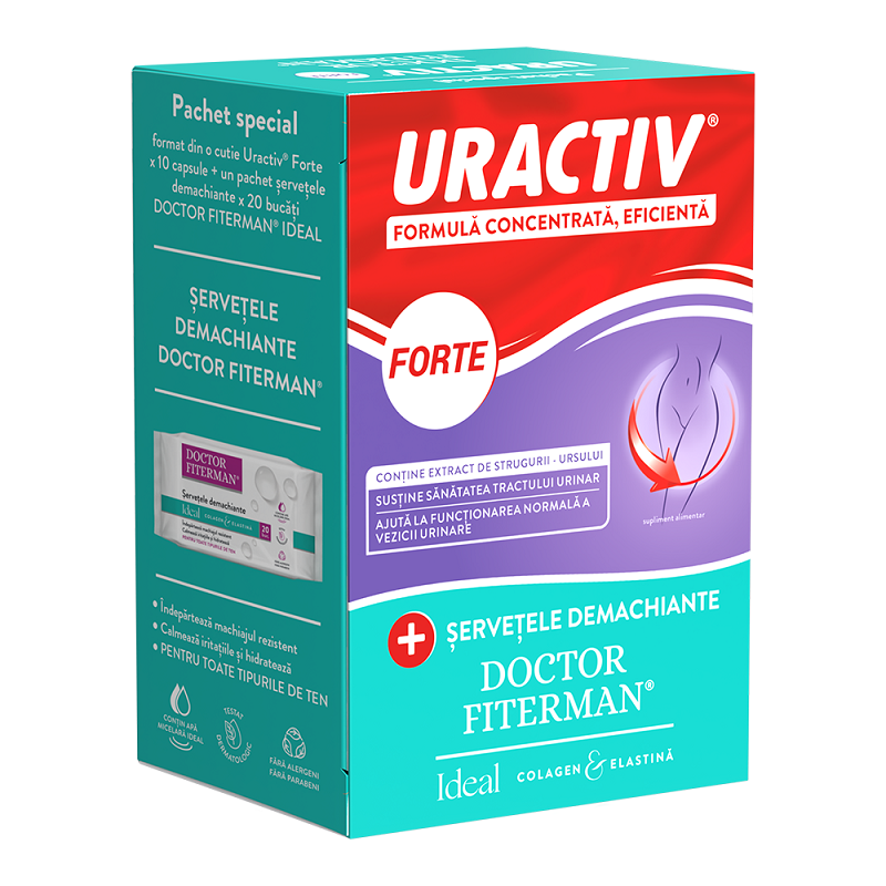 Pachet Uractiv Forte, 10 capsule + Servetele demachiante Ideal, 20 buc, Terapia