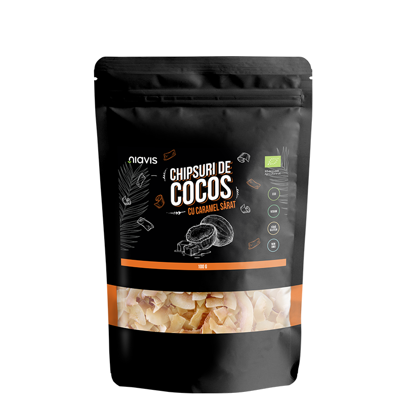 Chipsuri Eco de cocos cu caramel sarat, 100g, Niavis