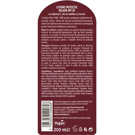 Emulsie pentru plaja cu SPF 20 Oliv Sun, 200 ml, Cosmetic Plant 712133