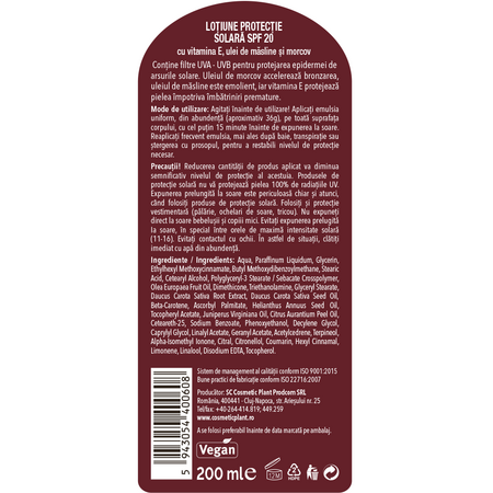 Emulsie pentru plaja cu SPF 20 Oliv Sun, 200 ml, Cosmetic Plant 712133