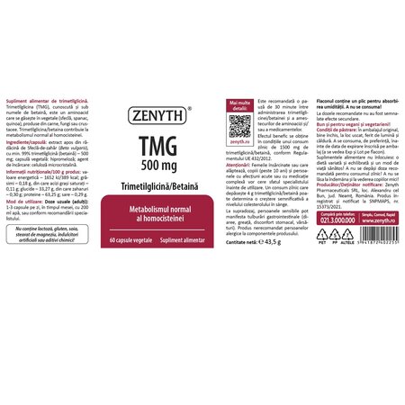 TMG, 500 mg, 60 capsule, Zenyth 701446