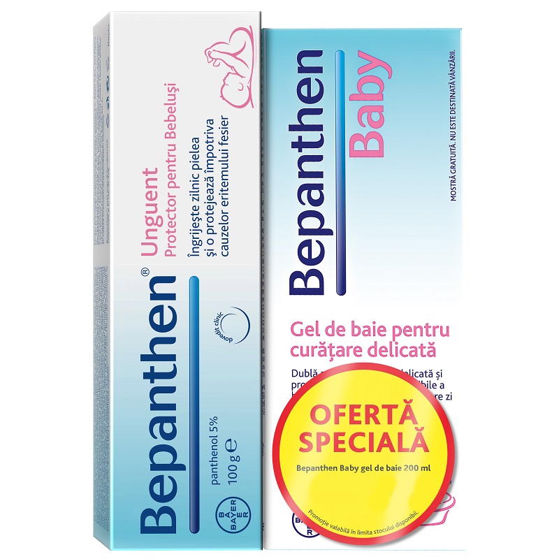 Pachet Unguent Bepanthen 100 g + Gel dus Bayer Bepanthen Baby, 200 ml, Bayer