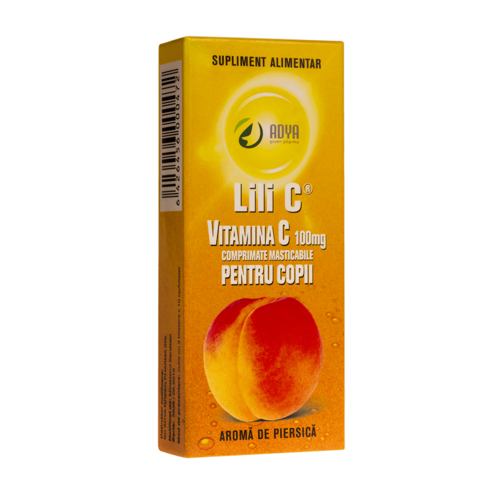 Vitamina C 100 mg cu aroma de piersica pentru copii Lili C, 30 comprimate, Adya Green Pharma