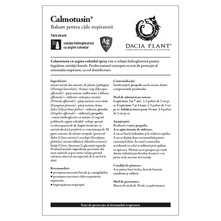 Spray fara alcool cu Argint coloidal Calmotusin, 20 ml, Dacia Plant 593134