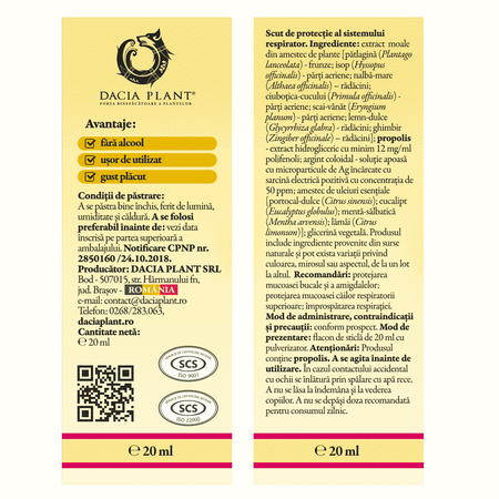 Spray fara alcool cu Argint coloidal Calmotusin, 20 ml, Dacia Plant 593132
