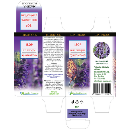 Ulei esential de Isop Spiritualitate Luxurious, 10 ml, Justin Pharma 727261