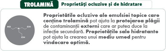 TROLAMINĂ
Proprietăți ocluzive și de hidratare
Proprietătile ocluzive ale emulsiei topice care conține trolamină pot ajuta la protejarea plăgii de contaminanții externi care ar putea duce la infecție secundară.
Proprietățile sale hidratante
pot ajuta la crearea unui
mediu umed pentru
vindecare optimă.