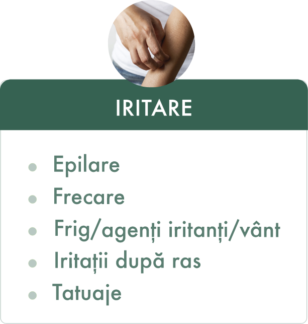 IRITARE
- Epilare
- Frecare
- Frig/agenți iritanți/v&acirc;nt
- Iritații după ras
- Tatuaje