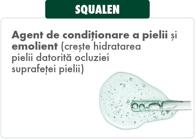 SQUALEN
Agent de condiționare a pielii și emolient (crește hidratarea
pielii datorită ocluziei
suprafeței pielii)