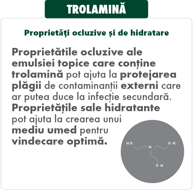 TROLAMINĂ
Proprietăți ocluzive și de hidratare
Proprietătile ocluzive ale emulsiei topice care conține trolamină pot ajuta la protejarea plăgii de contaminanții externi care ar putea duce la infecție secundară.
Proprietățile sale hidratante
pot ajuta la crearea unui
mediu umed pentru
vindecare optimă.