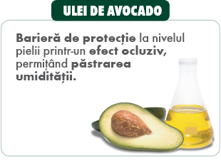 ULEI DE AVOCADO
Barieră de protecție la nivelul
pielii printr-un efect ocluziv,
permiț&acirc;nd păstrarea
umidității.