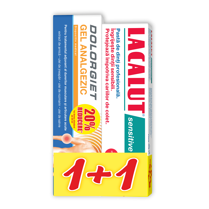 Pachet Gel analgezic Dolorgiet, 100 ml +  Pasta de dinti Lacalut Sensitive, 75 ml, Zdrovit