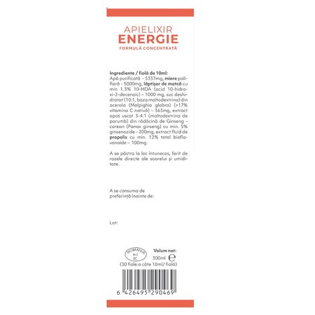 Energie si vitalitate Apielixir, 30 fiole x 10 ml, Albina Carpatina 753742