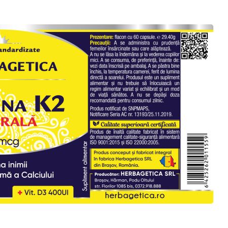 Vitamina K2 naturala, 120 mcg, 60 capsule, Herbagetica 689008