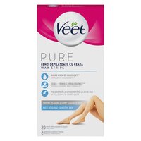 Benzi depilatoare cu ceara pentru picioare si corp Wax Strips Pure, 20 bucati, Veet