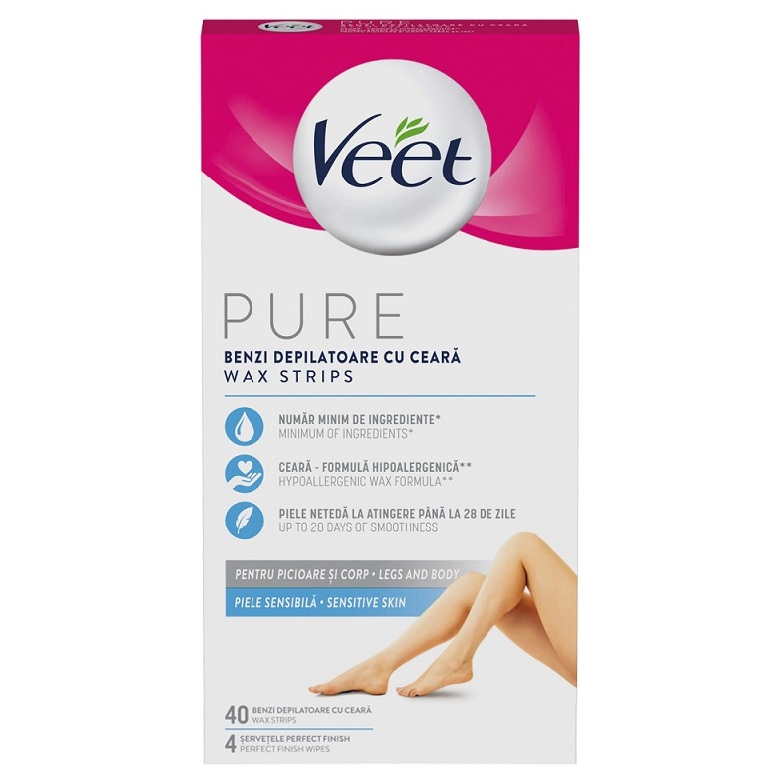 Benzi depilatoare cu ceara pentru picioare si corp Wax Strips Pure, 40 bucati, Veet