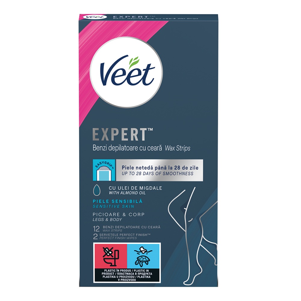 Benzi depilatoare cu ceara pentru picioare si corp Wax Strips Expert, 12 bucati, Veet