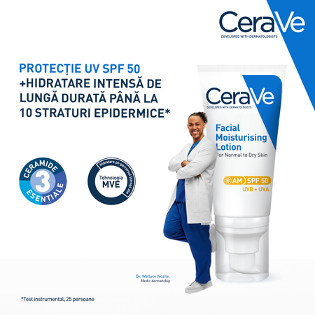 Crema hidratanta pentru ten normal-uscat cu AM SPF 50, 52 ml, CeraVe 648554