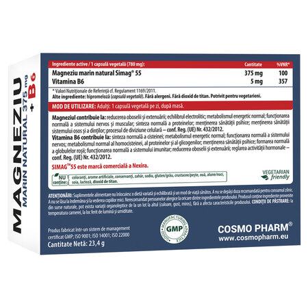 Magneziu marin + Vitamina B6, 30 capsule vegetale, Cosmopharm 748259