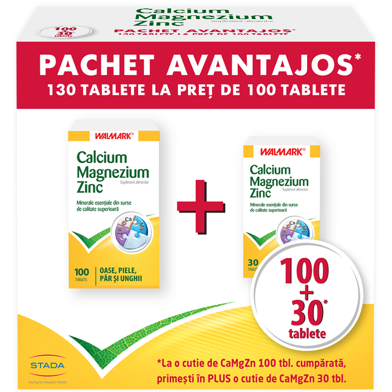 Pachet Calcium Magnezium Zinc, 100+30 tablete, Walmark