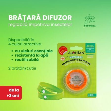 Bratara cu ulei esential Alontan Natural, de la 3 ani, 2 bucati, Pietrasanta Pharma 659051