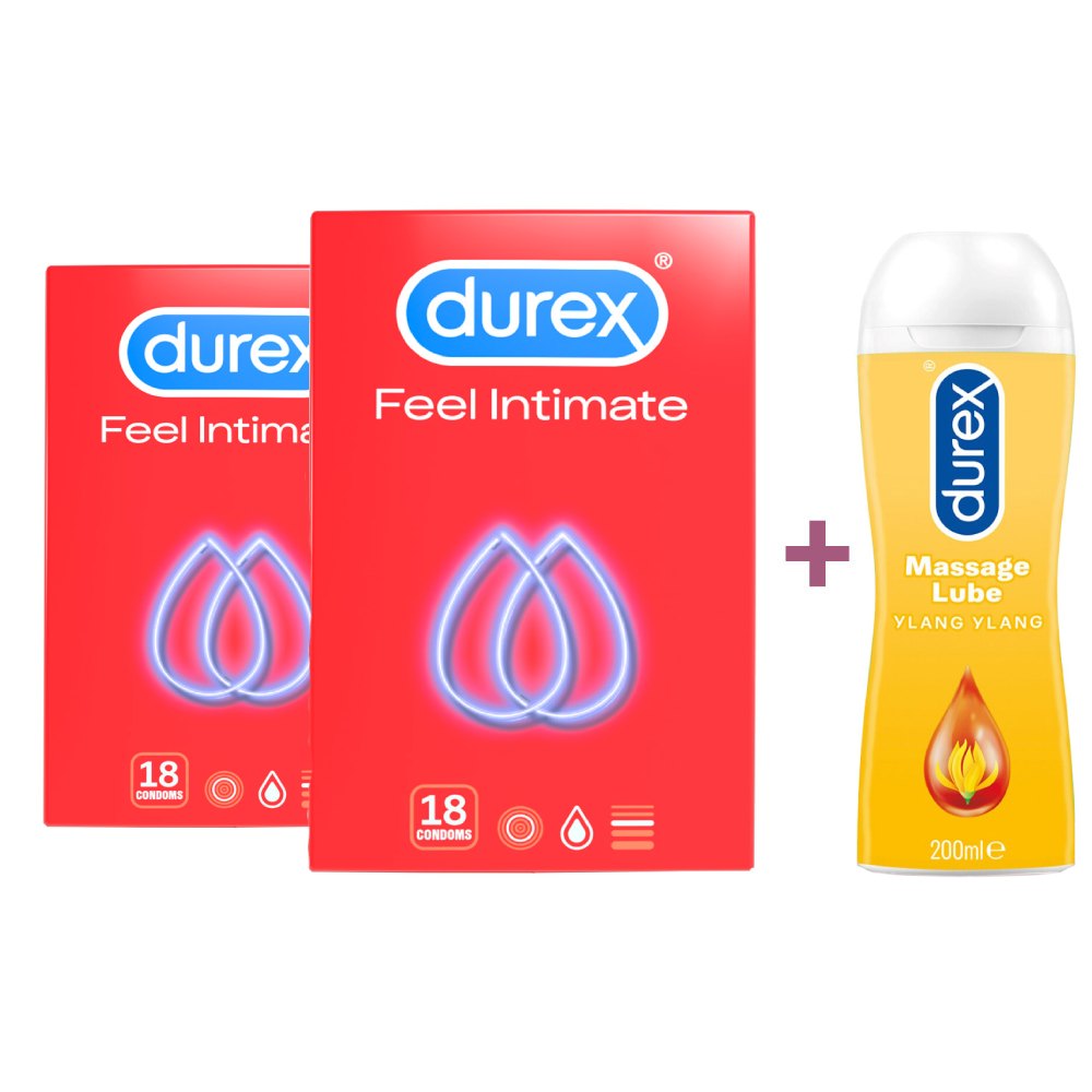 Pachet Prezervative Feel Intimate, 18 + 18 bucăți + Lubrifiant Ylang Ylang, 200 ml, Durex