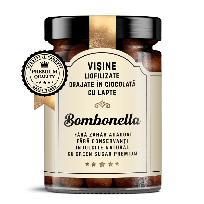 Visini liofilizate drajate in ciocolata cu lapte Bombonella Secretele Ramonei, 100 g, Laboratoarele Remedia