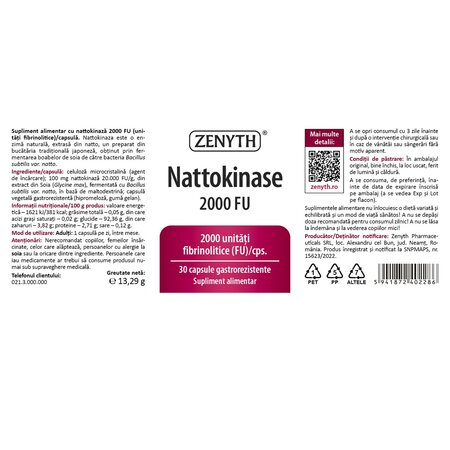 Nattokinase, 2000FU, 30 capsule gastrorezistente, Zenyth 701820