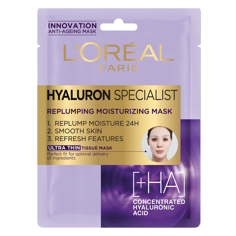 Masca servetel hidratanta pentru volumul tenului cu efect antirid, Hyaluron Specialist, 30 g, Loreal