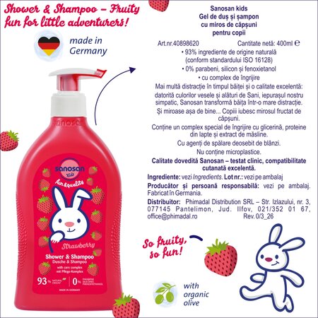 Gel de dus si sampon cu aroma de capsuni 2in1, 400 ml, Sanosan Kids 737604