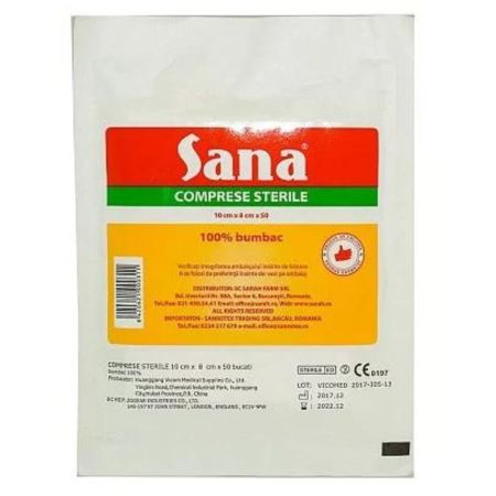 Comprese sterile taiate, 10 x 8 cm, 50 bucati, Sana