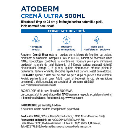 Crema hidratanta pentru fata si corp Atoderm Ultra, 500 ml, derma 751542